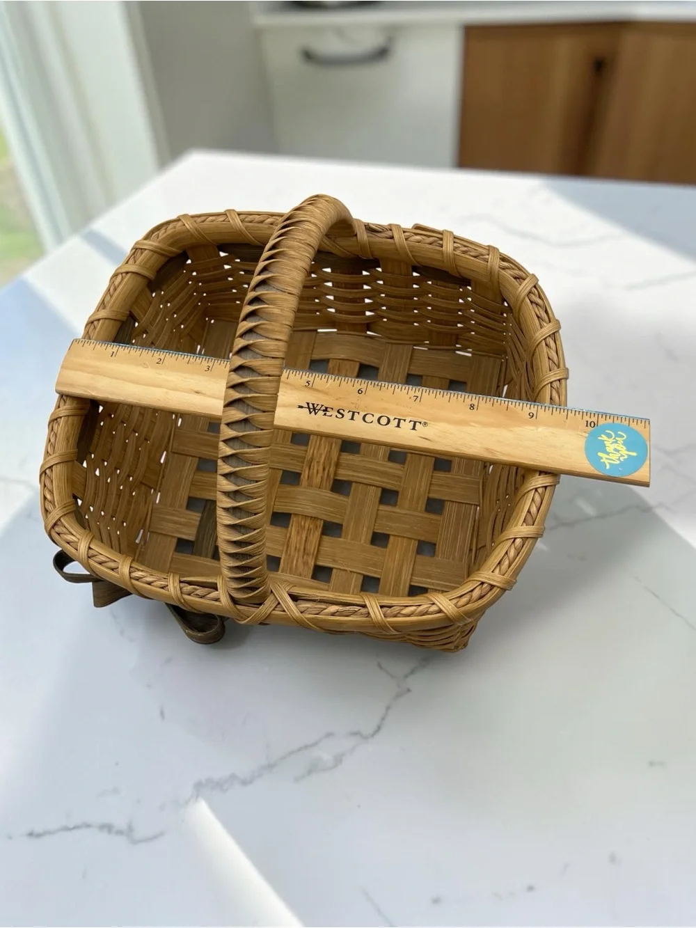 Vintage Handwoven Wood Splint Gathering Basket with Fixed Handle & Bow Accent Sm